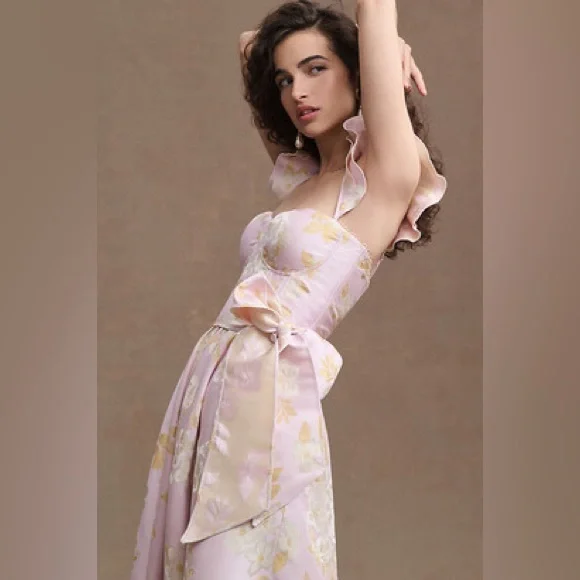 V. Chapman Vera Ruffle-Strap Corset Side-Slit Midi Dress Anthropologie